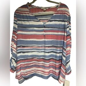 Zac &Rachael Woman Red, white & Blue Striped Smocked & Ruffled  Blouse Sz 1X NWT